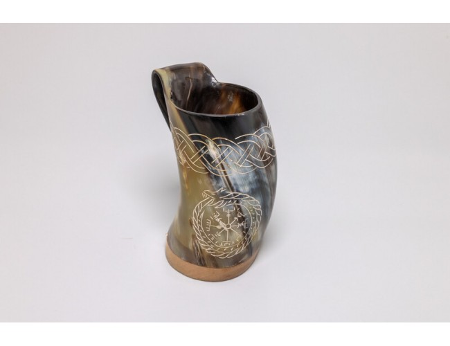 Natural horn tankard – Norse Vegvísir and Ouroboros Design