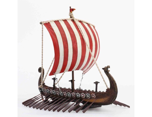 Viking Ship with Red Striped Sails on a Stand
