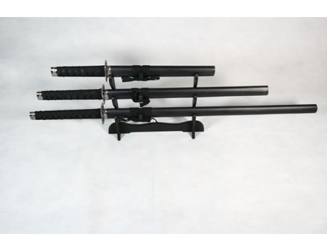 Set of 3 Solid Black Samurai Swords on Stand Set of 3 Solid Black Samurai Swords on Stand