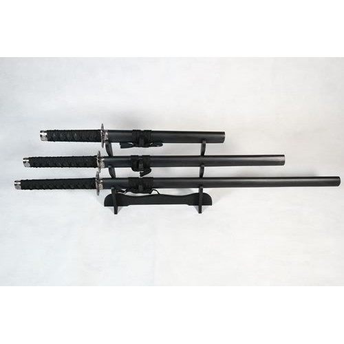 Set of 3 Solid Black Samurai Swords on Stand Set of 3 Solid Black Samurai Swords on Stand