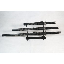 Set of 3 Carved Dragon Samurai Swords on Stand Set of 3 Carved Dragon Samurai Swords on Stand