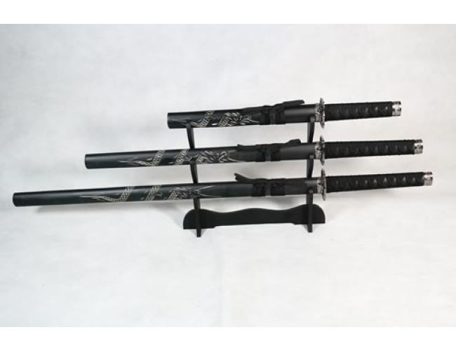 Set of 3 Carved Dragon Samurai Swords on Stand