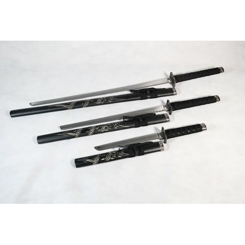 Set of 3 Carved Dragon Samurai Swords on Stand