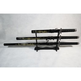 Set of 3 Golden Dragon Samurai Swords on Stand Set of 3 Golden Dragon Samurai Swords on Stand