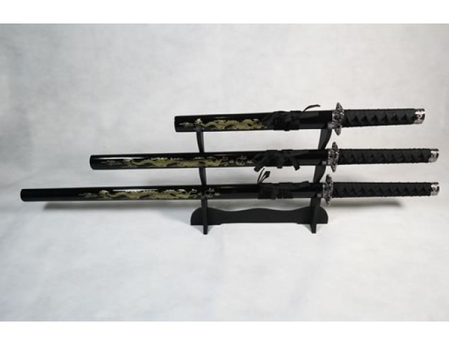 Set of 3 Golden Dragon Samurai Swords on Stand