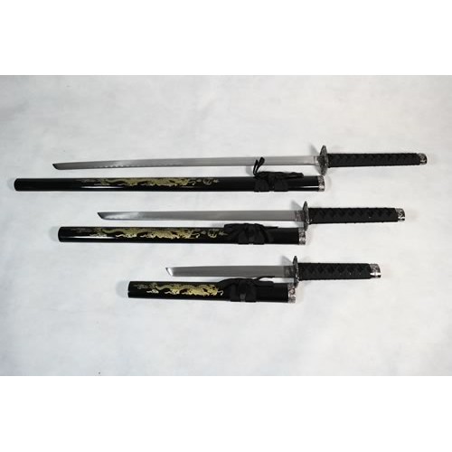 Set of 3 Golden Dragon Samurai Swords on Stand