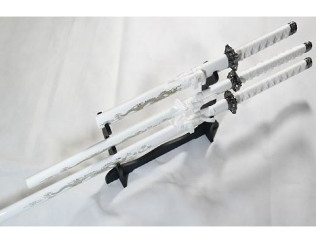Set of 3 White Dragon Samurai Swords on Stand
