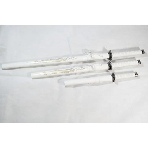 Set of 3 White Dragon Samurai Swords on Stand
