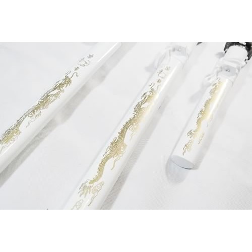 Set of 3 White Dragon Samurai Swords on Stand