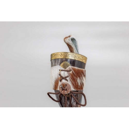 Viking Style Drinking Horn with Leather Belt Frog