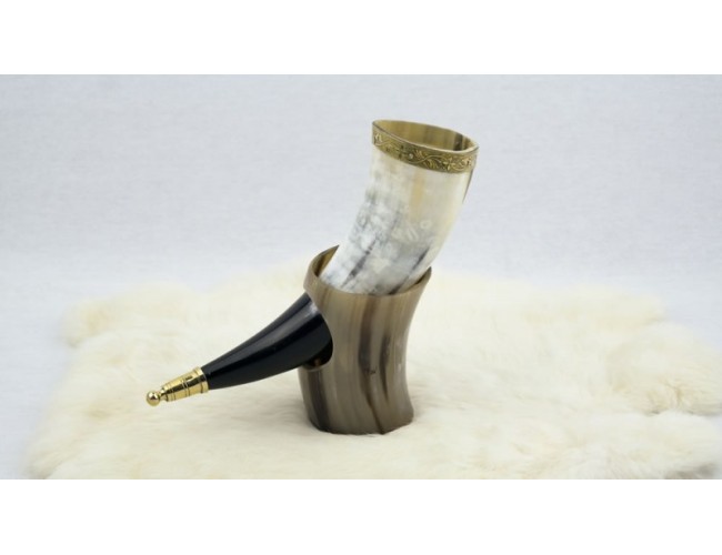 Horn with Metal Fittings and Natural Horn Table Stand