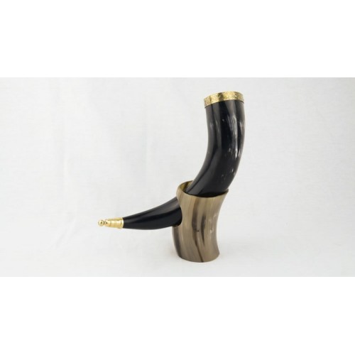 Horn with Metal Fittings and Natural Horn Table Stand