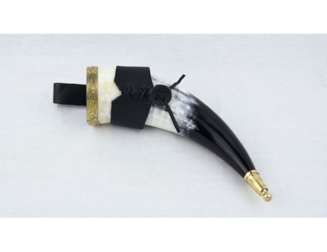 Horn with Metal Fittings and Leather Belt Frog